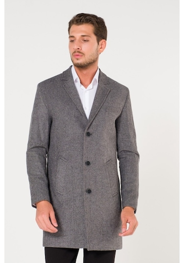 V Yaka Kışlık Kırçıllı Gri Erkek Kaşe Kaban-Koyu Gri