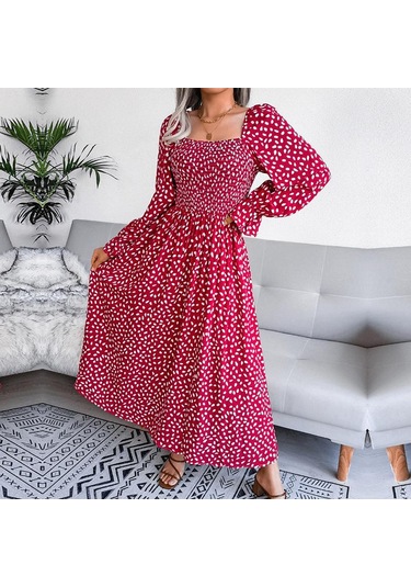 Sonbahar Kış Kare Yaka Uzun Kollu A Line Pileli Baskılı Uzun Elbise S-xl Kırmızı
