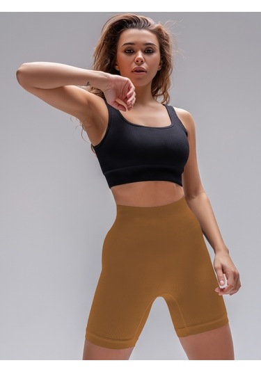 Mistirik Dublin Model Yüksek Bel Fitilli Seamless Biker Şort Caramel Renk027 Caremel