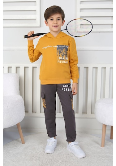 Moving Forward Kargo Cep Kapüşonlu 2 İplik Şardonlu Alt-üst Erkek Çocuk Eşofman Takımı Hardal