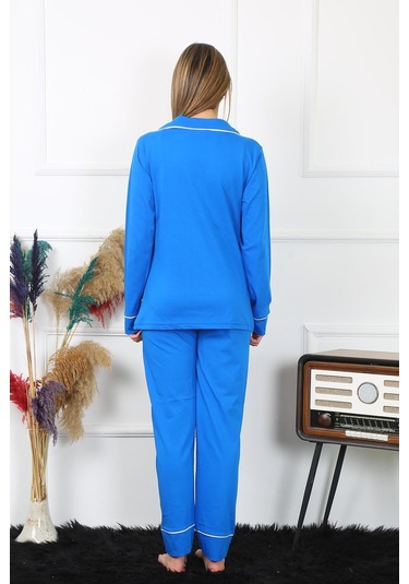 Akbeniz Kadın Pamuk Penye Önden Düğmeli Uzun Kol Saks Pijama Takım 2782-saks Saks