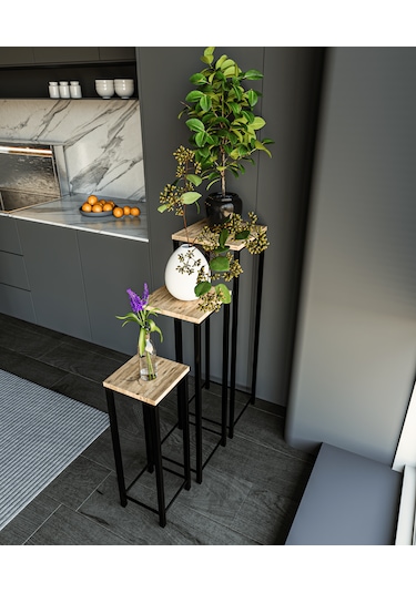 Dekoratif Saksılık 3'lü Takım - Metal Ayaklı Saksı Standı Yan Sehpa Atlantik Çam