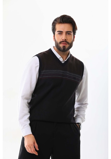 Pelikan Erkek Desenli V Yaka Süveter 9602 Kahverengi