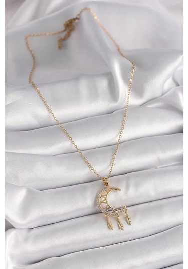 Gold Renk Zincir Zirkon Taşlı Hilal Model Sallantı Yaprak Detay Kadın Kolye - Ebj241228w30258 Bakır