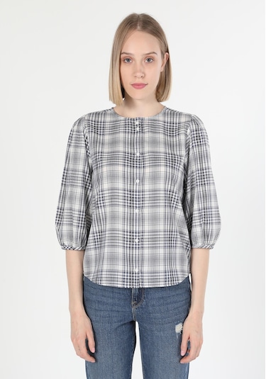 Colins Regular Fit Yuvarlak Yaka Ekoseli Kadın Lacivert Uzun Kol Gömlek Cl1059778 Q1.v2 Nav Lacivert