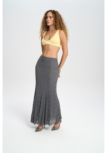 Veylia Uzun Antrasit Dantel Etek Antrasit