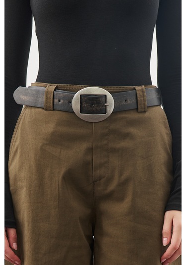 Büyük Oval Tokalı Kemer Siyah Siyah