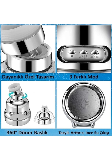 Mintev Su Tasarruflu 3 Fonksiyonlu Krom Mutfak Lavabo Başlığı 360 Derece Döner Ayarlanabilir