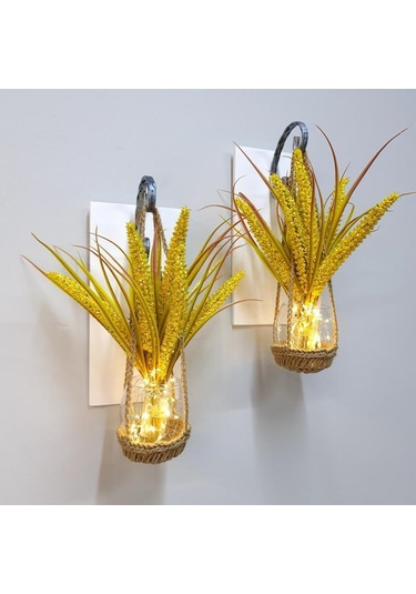 Duvar Dekoru, Led Işıklı, Sarı Cipso Çiçekli, Beyaz Aplik İkili Set