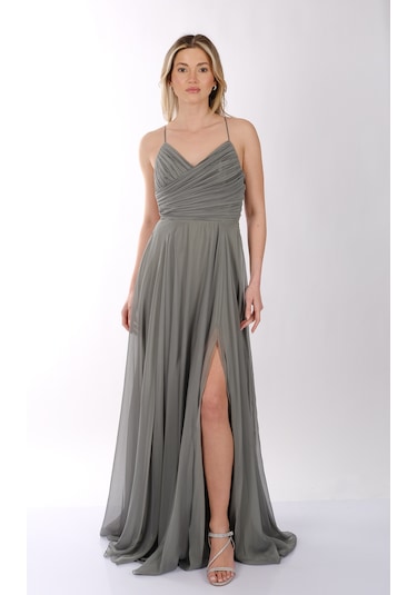 Dori İnce Askılı Önden Yırtmaçlı Drape Kiloş Abiye Elbise 00kb6128 Çağla