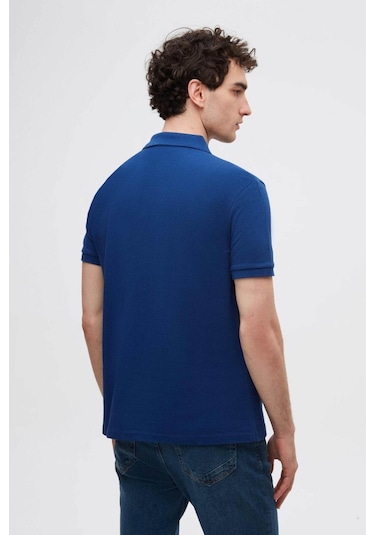 Ds Damat Regular Fit Saks Mavi Pike Dokulu %100 Pamuk Kıvrılmaz Polo Yaka Nakışlı T-shirt 4HC14ORT51000 Saks Mavi