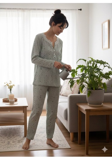 Dantel Yaka Detaylı Pamuklu Penye Kumaş Pijama Takımı Açık Yeşil