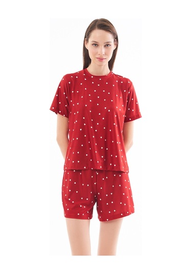 Premium Şortlu Kadın Pijama Takımı Kırmızı Kalp Desenli Yumuşak Dokulu Bisiklet Yaka Kısa Kollu Kırmızı