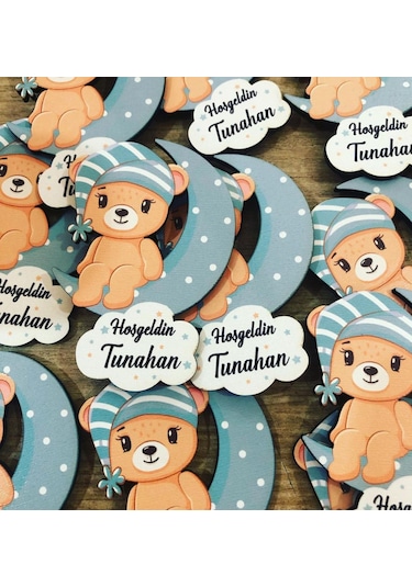 Ay Üstünde Oturan Erkek Ayıcık Ahşap Baskı Magnet 50 Adet