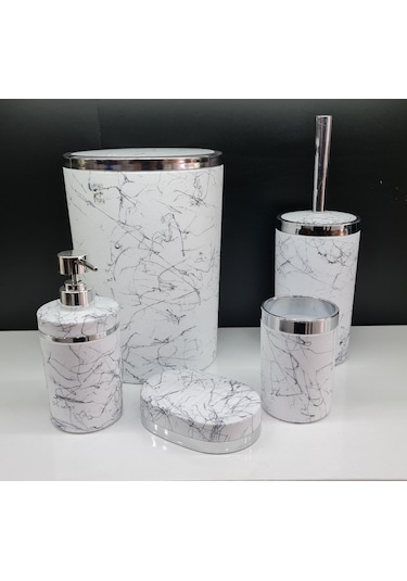 Akrilik Gümüş Siyah Mermer Soft 5'Li Yuvarlak Banyo Seti Beyaz