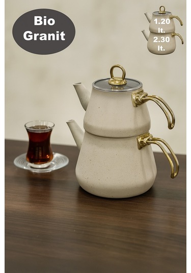 Yunusoğlu Home Granit Kaplama Gold Kulplu Cam Kapak Çaydanlık Krem Krem