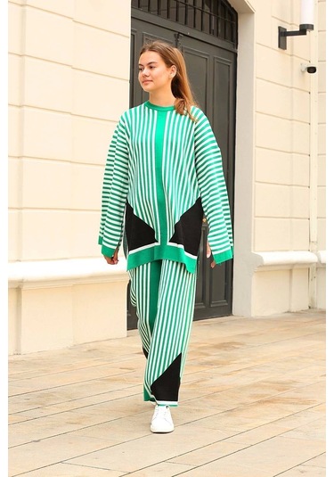 Çizgili Bisiklet Yaka Triko Takım Yeşil Yeşil