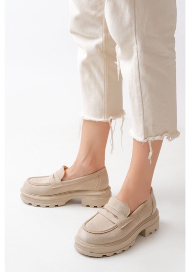 746-759 Bej Süet Günlük Yüksek Tabanlı Loafer Ayakkabı Bej