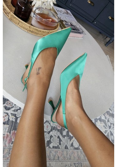 10 44 Topukla Kadın Arkası Açık Kadeh Topuklu Stiletto Abiye Ayakkabı Yeşil Saten