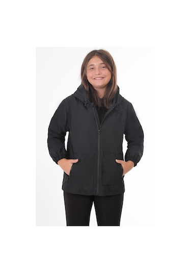 Kız Çocuk Siyah İçi Astarlı Su Ve Rüzgar Geçirmez Kapüşonlu Çift Fermuarlı Cepli Yağmurluk Siyah