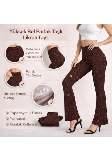 Enva Store Taşlı Tayt İspanyol Paça Likralı Kahverengi
