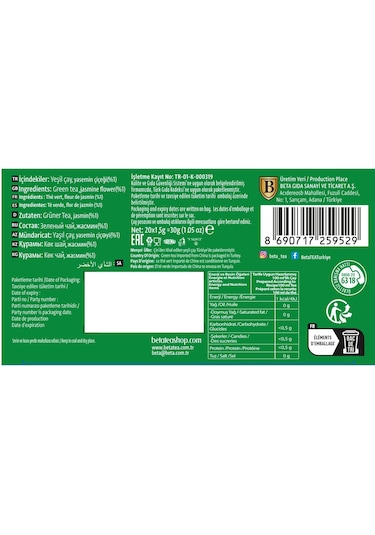 Beta Jasmine Green Bardak Poşet 20 Adet Yaseminli Yeşil Çay
