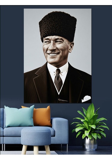 Atatürk Gülümseyen Siyah Beyaz Dekoratif Kanvas - Mdf Ahşap Tablo