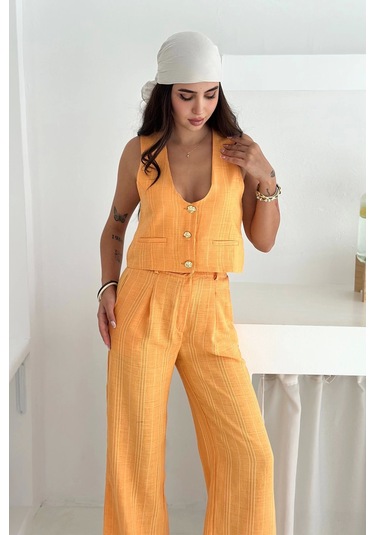 Çizgili Kumaş Yelek Takım Turuncu Turuncu