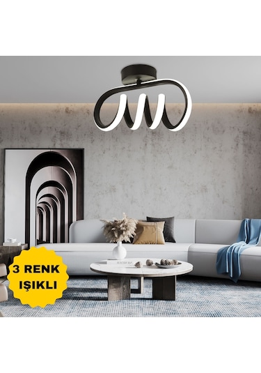 Burgu Siyah Tavana Sıfır 3 Renk Işıklı Led Avize Siyah