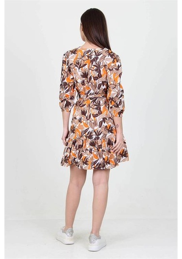 Neşeli Butik Kadın Camel V Yaka Bağlama Detaylı Çiçekli Mini Elbise Nb10029 Camel
