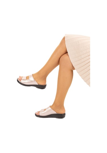 Mix Brand Kadın Hakiki Deri Değişebilen Tabanlıklı Anatomik Terlik Simli Açık Pembe