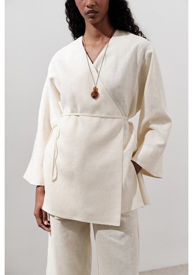 Keten Kruvaze Kapama Kimono Vanilya Vanilya