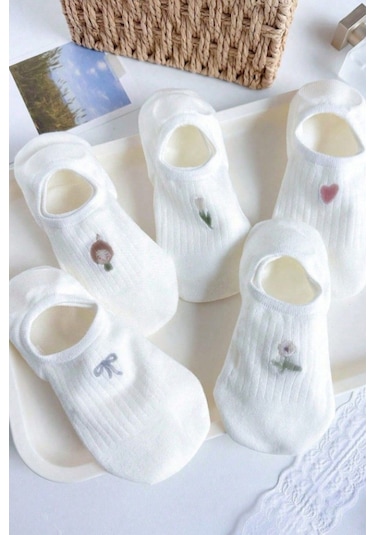 Kadın 5 Çift Premium Fiyonk Çiçek Ve Kalp Desenli Babet Çorap Seker Beyazı ASORTİ