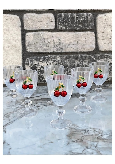 6 Lı Kristal Cam Kahve Yanı Bardağı Kiraz Bardak Kirazlı 75ml
