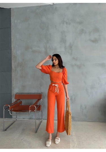Keten Crop Karpuz Kol Bluz-pantolon Hasır Kemerli - Orange Orange