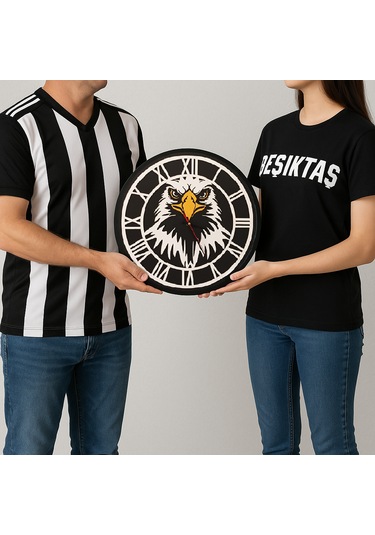 Kartal Temalı Beşiktaş Duvar Saati Dekoratif Taraftar Saati Ahşap - Siyah