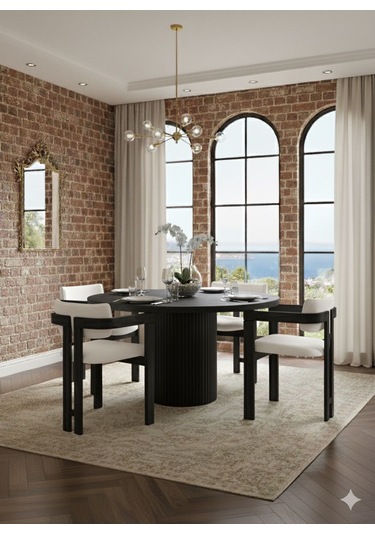 Verona Doğal Ahşap Yuvarlak Yemek Masası Takımı 4 Kişilik Modern Scandinavian Stil Siyah Beyaz