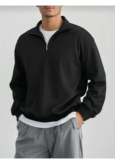 Oneoctobeer Unisex Yarım Fermuarlı Yakalı Siyah Sweatshırt Kazak SIYAH