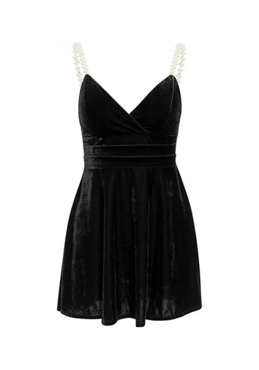İnci Askılı Skater Kadife Gece Elbisesi Siyah