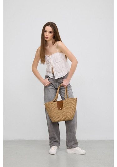 Shule Bags Duffy Kapaklı Handmade Hasır Tote Çanta Vizon Vizon