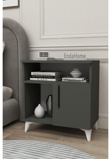 Vela Tek Kapaklı 2 Açık Bölmeli Komodin & Şifonyer Yatak Odası Başucu Düzenleyici Komidin - Antrasit