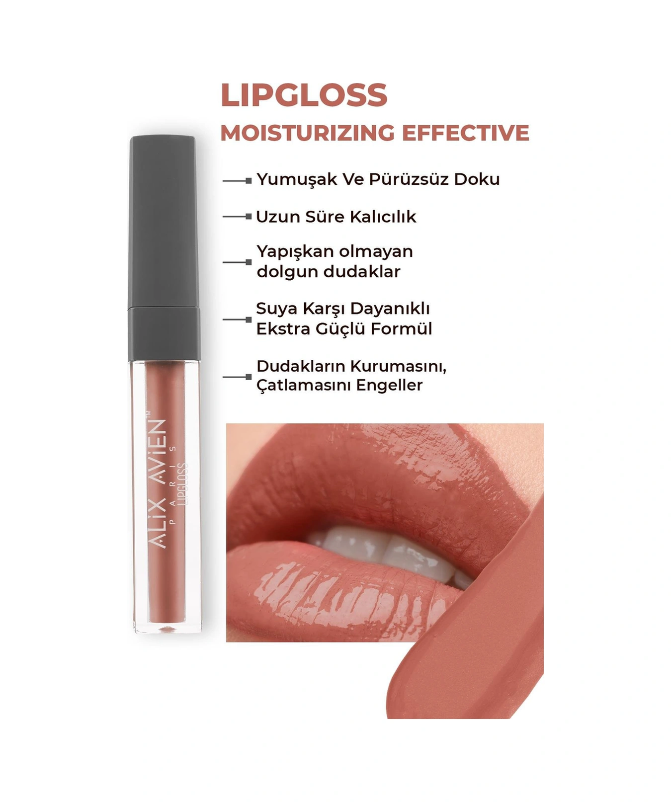 Alix Avien Uzun Süre Kalıcı Yapışkan His Bırakmayan Nemlendirici Dudak Parlatıcısı Lipgloss 04 Peachy Rose