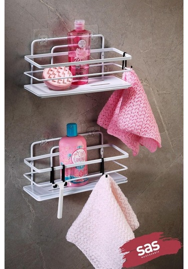 Haus Yapışkanlı Ömür Boyu Paslanmaz Kristal Ayarlanabilir Raf Banyo Düzenleyici Şampuanlık 2 Adet Beyaz - Siyah