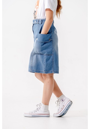 Kız Çocuk Yan Cepli Kot Etek 2954 Mavi