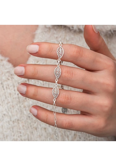 Artsmagazinmücevher Gümüş Telkari Yaprak Desenli Kadın Bileklik
