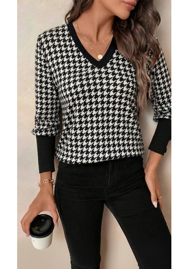 Tua Moda Kadın Uzun Kollu V Yakalı Desenli Süprem Bluz Gri