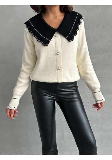 Kadın Yaka Detaylı Triko Bluz Ekru