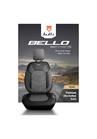 Siyah - Gri Butti Bello Serisi Keten Kumaş Premium Oto Koltuk Kılıfı Ortopedik Destekli, Ön Arka Tam Set