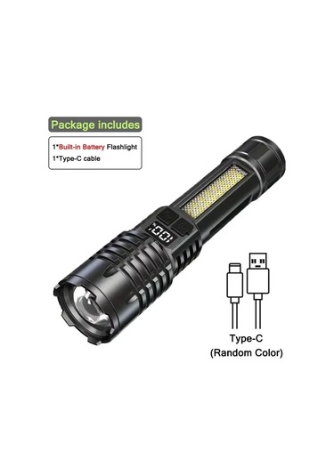 Yüksek Güçlü Led El Feneri Güçlü Type-c Şarj Edilebilir Cob El Siyah