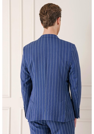 Comfort Fit Çift Yırtmaç İtalyan Çizgili Keten Casual İndigo Ceket C 671 Indıgo